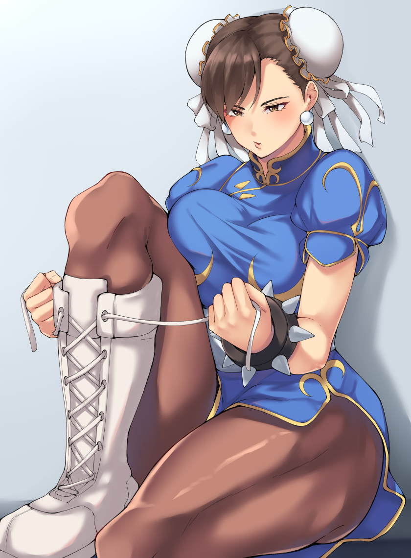 1girl, black_mutou, blue_background, blue_dress, blush, boots, bracelet, breasts