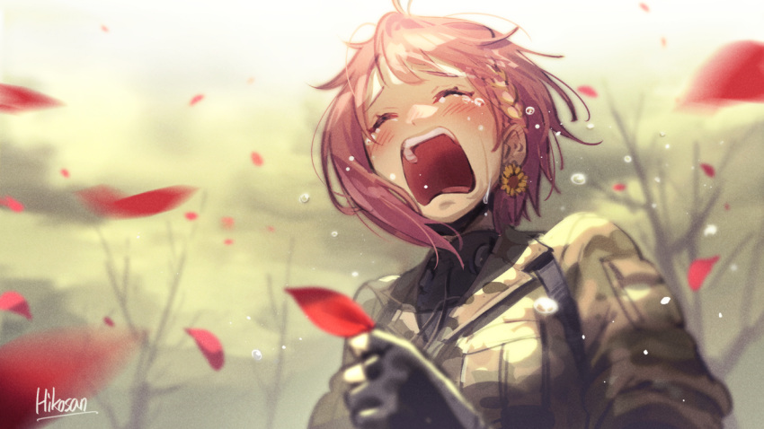 1girl, artist_name, bare_tree, big_boss, big_boss_(cosplay), black_gloves, blurry, blush, braid, camouflage, closed_eyes, commentary, cosplay, crying, depth_of_field, earrings, fingerless_gloves, flower, flower_earrings, gloves, hikosan20216917, honma_himawari, jewelry, metal_gear_(series), metal_gear_solid_3, military, military_uniform, nijisanji, open_mouth, outdoors, parody, petals, pink_hair, sad, short_hair, signature, solo, sunflower, tactical_clothes, tree, uniform, upper_body, virtual_youtuber