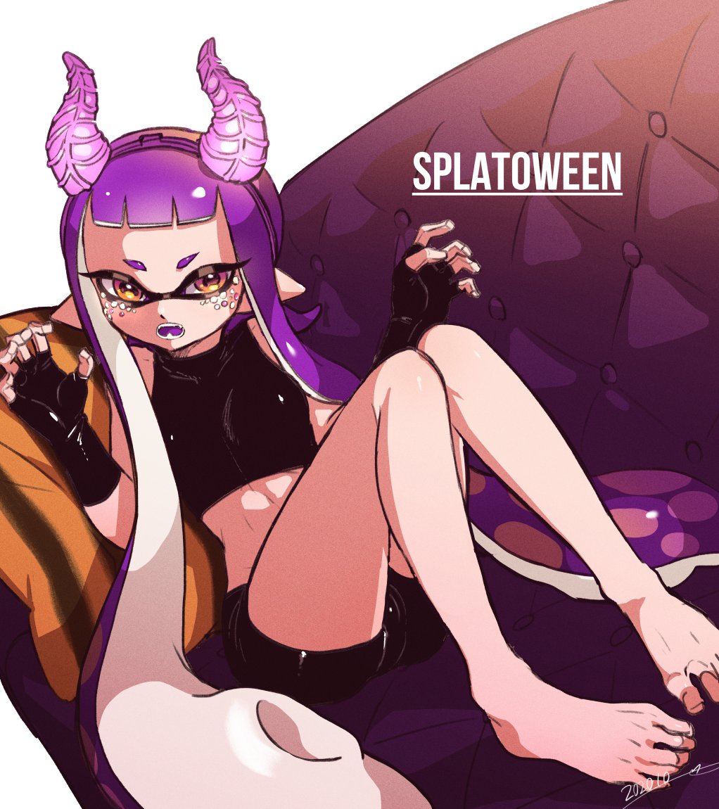 1girl, artist_name, barefoot, bike_shorts, black_gloves, black_shirt, black_shorts, claw_pose