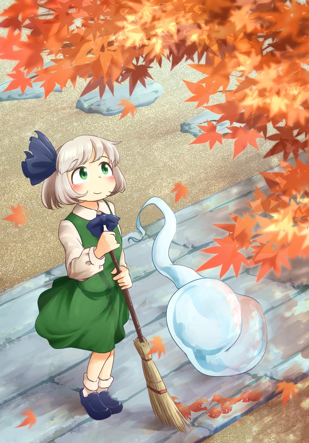 1girl, arms_up, autumn_leaves, bangs, black_footwear, blush, broom, calcmis_gowa, commentary_request, day, from_above, green_eyes, green_skirt, green_vest, hair_ribbon, highres, holding, holding_broom, konpaku_youmu, konpaku_youmu_(ghost), leaf, loafers, long_sleeves, looking_up, maple_leaf, outdoors, ribbon, shirt, shoes, short_hair, silver_hair, skirt, smile, solo, stepping_stones, stone_walkway, touhou, vest, white_legwear, white_shirt