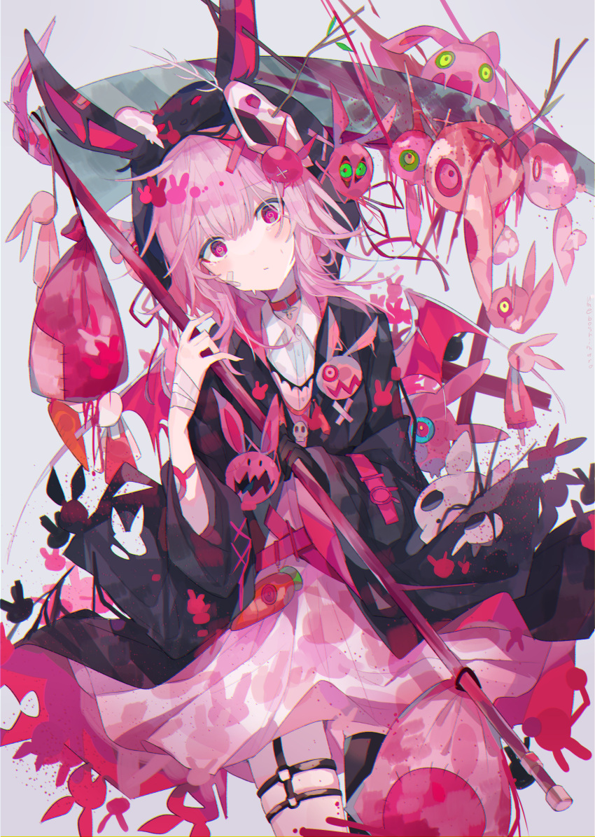 1girl, absurdres, animal_hood, artist_name, bandaged_hand, bandaid, bandaid_on_cheek, belt, bindle, black_hoodie, bunny_hood, carrot, choker, collared_shirt, creature, dress, eyebrows_visible_through_hair, gloves, hair_ornament, highres, holding, holding_scythe, hood, hood_up, hoodie, long_hair, original, over_shoulder, pink_blood, pink_dress, pink_eyes, pink_hair, scythe, shirt, single_glove, single_thighhigh, skindentation, skull, spiral_eyes, tears, thigh-highs, twig, umemaro_(siona0908), weapon, weapon_over_shoulder, white_shirt