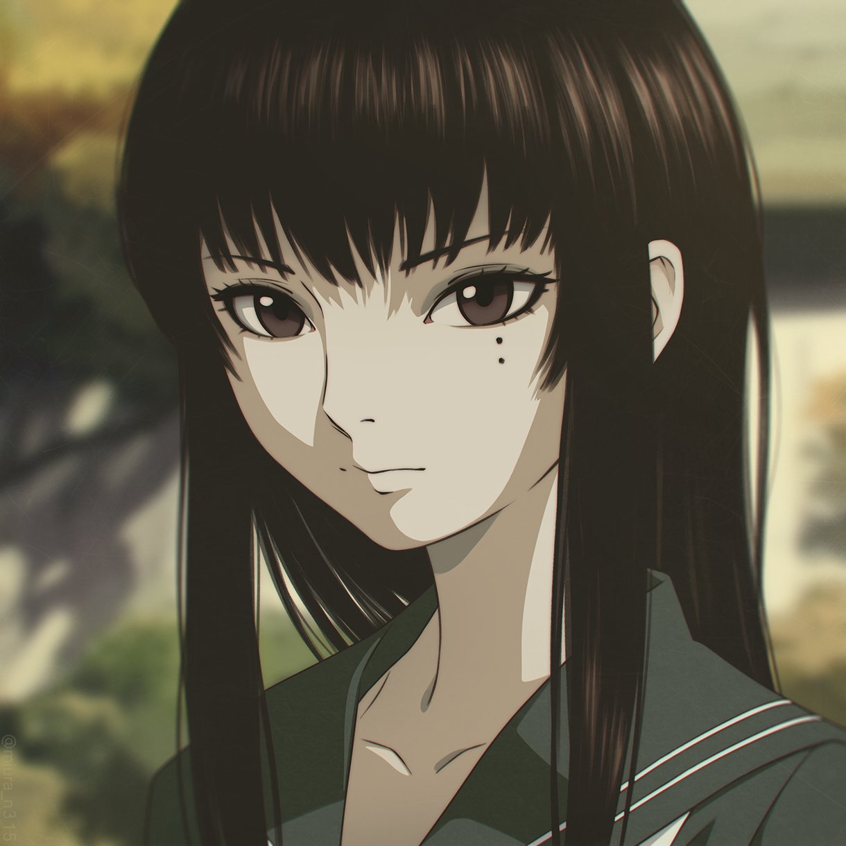 1girl, black_hair, brown_eyes, closed_mouth, expressionless, highres, hitsuji_no_uta, long_hair