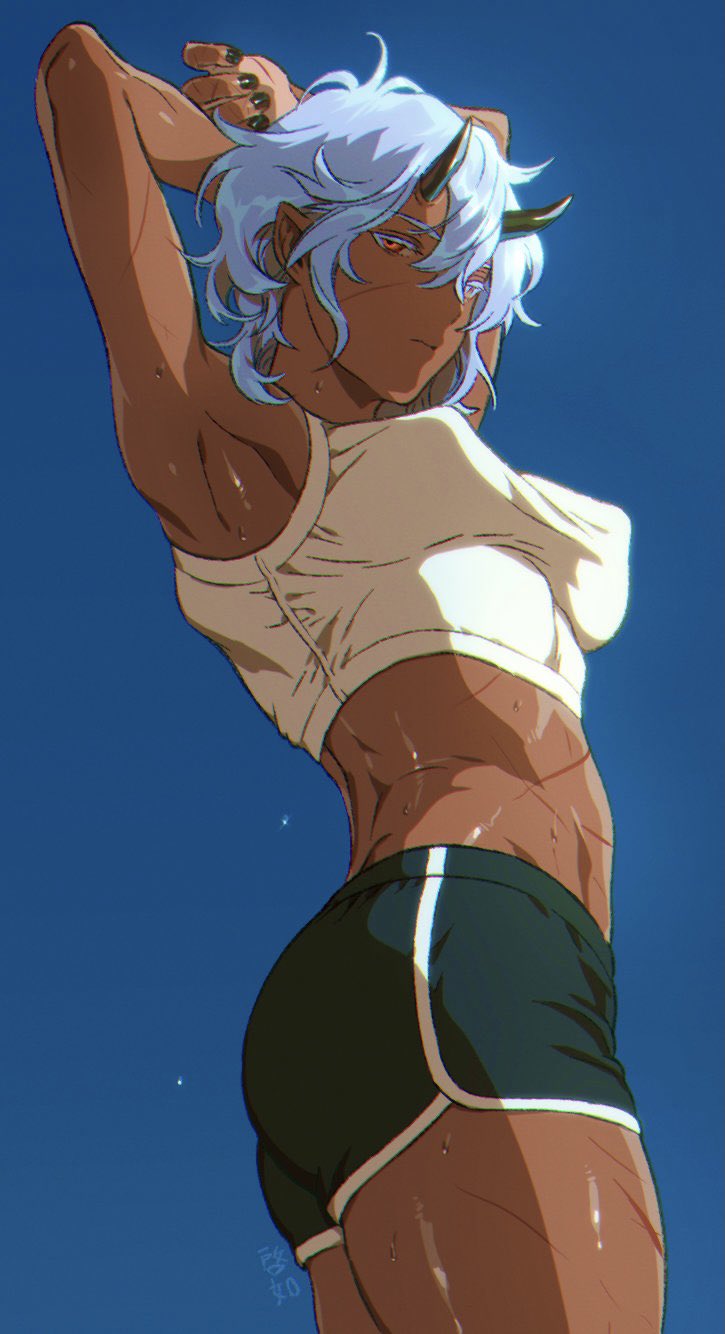 1girl, alexis_(zkstxxx), armpits, arms_behind_head, arms_up, bike_shorts, breasts, dark_skin
