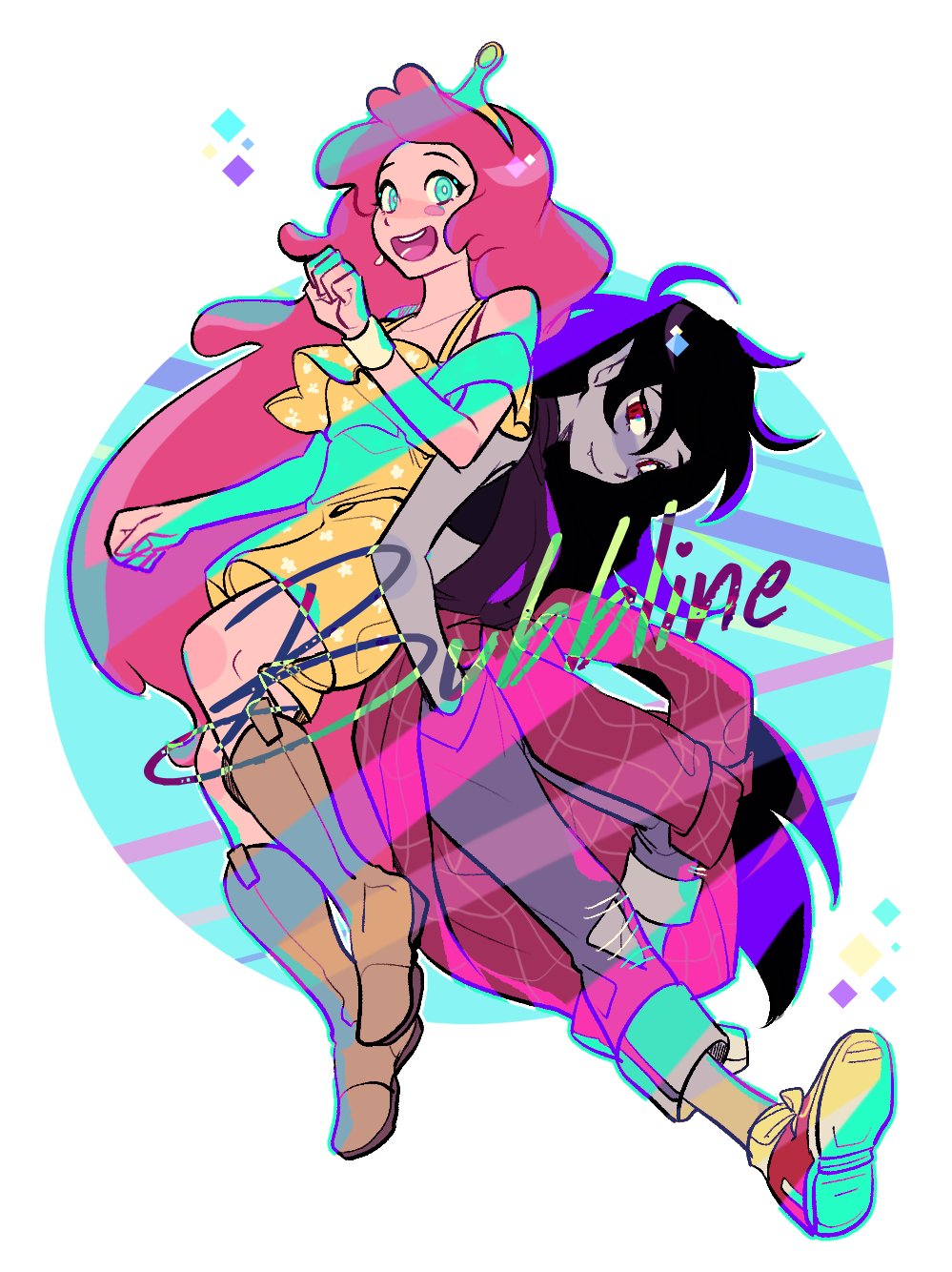 2girls, adventure_time, black_hair, blue_eyes, boots, denim, dress, full_body