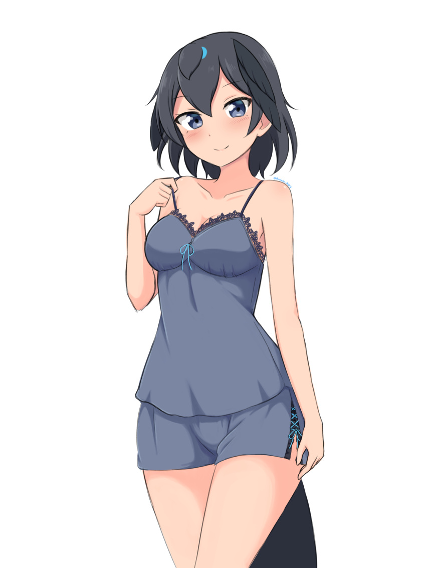 1girl, absurdres, alternate_costume, arm_at_side, bangs, bare_arms, bare_shoulders, black_hair