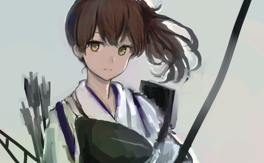 1girl, arrow_(projectile), bangs, bow_(weapon), brown_hair, closed_mouth, eyebrows_visible_through_hair, grey_background