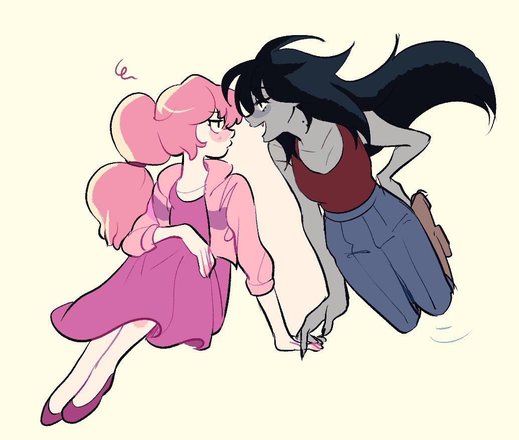 2girls, adventure_time, bite_mark, black_hair, fang, floating, full_body, grey_skin
