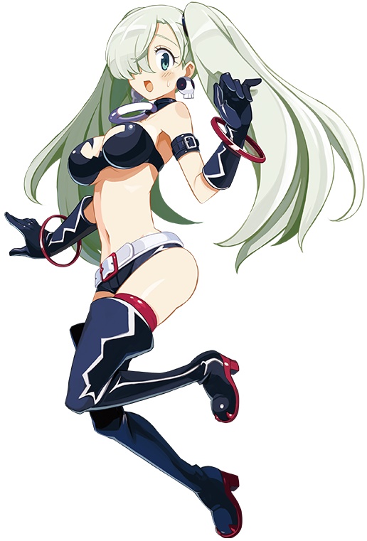 1girl, arm_strap, asymmetrical_bangs, bangs, black_footwear, black_gloves, blue_eyes, blush