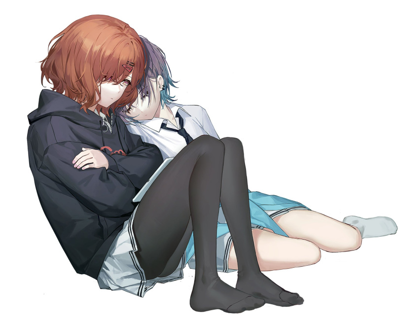 ahoge, asakura_tooru, black_hair, black_legwear, black_neckwear, blue_hair, blue_jacket, brown_hair