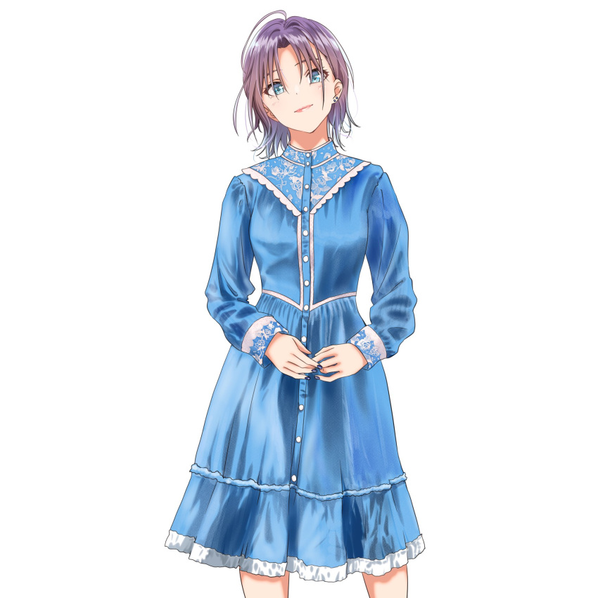 1girl, ahoge, akane_(getwild23), asakura_tooru, black_nails, blue_dress, blue_eyes, blue_hair