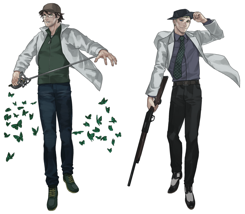 2boys, alto_clef, assa, blonde_hair, brown_hair, bug, butterfly, facial_hair