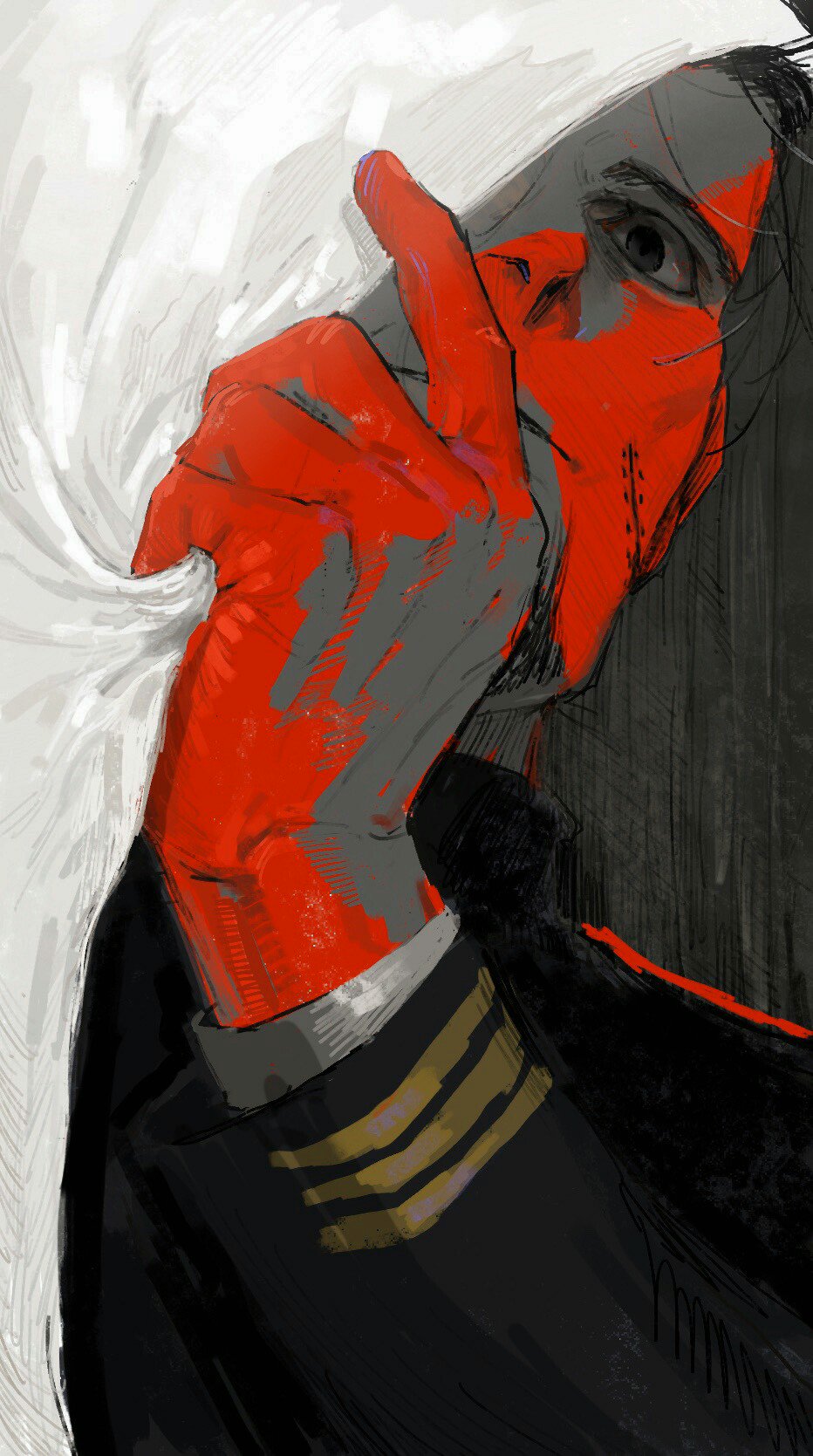 1boy, black_eyes, black_hair, blood, blood_on_face, bloody_hands, facial_hair, goatee