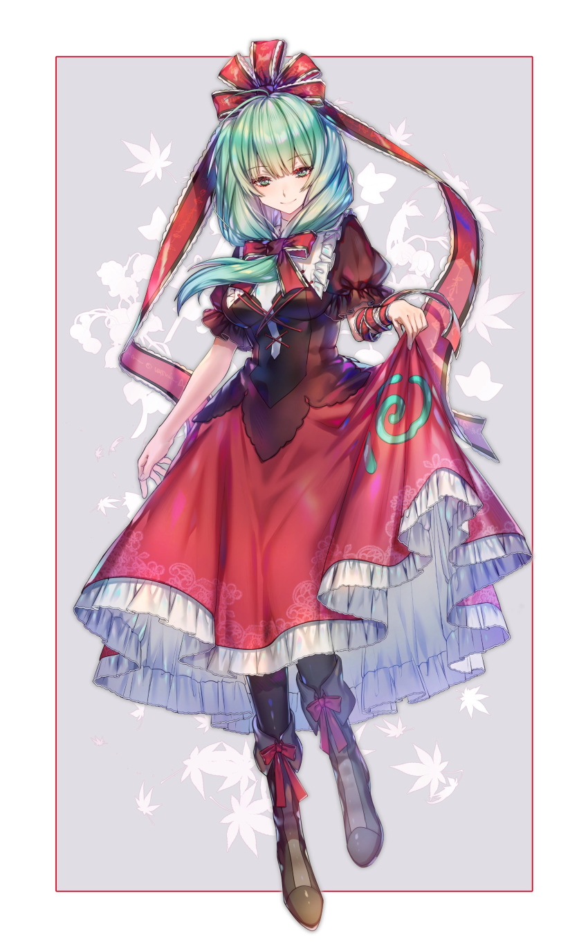 1girl, absurdres, ahoge, arm_ribbon, bangs, black_legwear, blunt_bangs, blush, boot_bow, boots, border, bow, brown_blouse, brown_shirt, check_commentary, closed_mouth, clothes_writing, commentary_request, cross-laced_clothes, curtsey, eyebrows_visible_through_hair, floating_hair, floral_print, frilled_ribbon, frilled_shirt_collar, frilled_skirt, frilled_sleeves, frills, front_ponytail, full_body, green_eyes, green_hair, grey_background, grey_footwear, hair_bow, hair_ribbon, half-closed_eyes, hand_up, here_(hr_rz_ggg), highres, kagiyama_hina, leaf, leaf_background, leaf_print, long_skirt, looking_at_viewer, maple_leaf_print, puffy_short_sleeves, puffy_sleeves, red_border, red_bow, red_ribbon, ribbon, shirt, shoe_bow, shoes, short_sleeves, sidelocks, skirt, skirt_hold, smile, solo, standing, standing_on_one_leg, swirl, touhou, white_background, white_border, windowboxed
