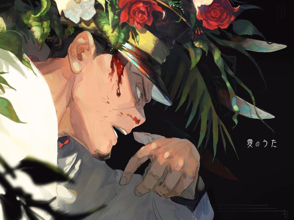 1boy, black_hair, bleeding, blood, blood_on_face, bloody_nose, blurry_foreground, buzz_cut