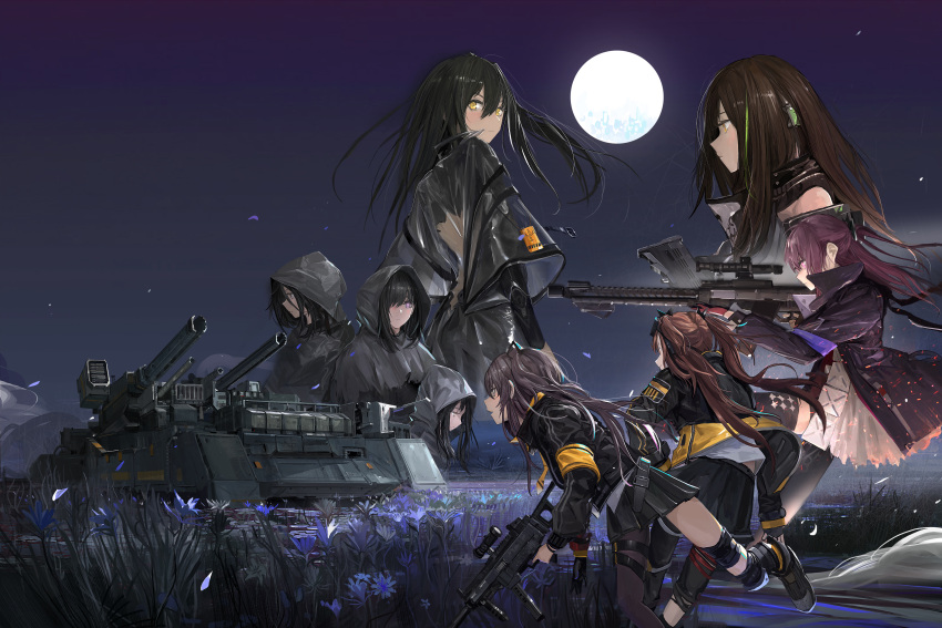 6+girls, absurdres, aiming, ar-15, armband, armor, armored_vehicle, assault_rifle