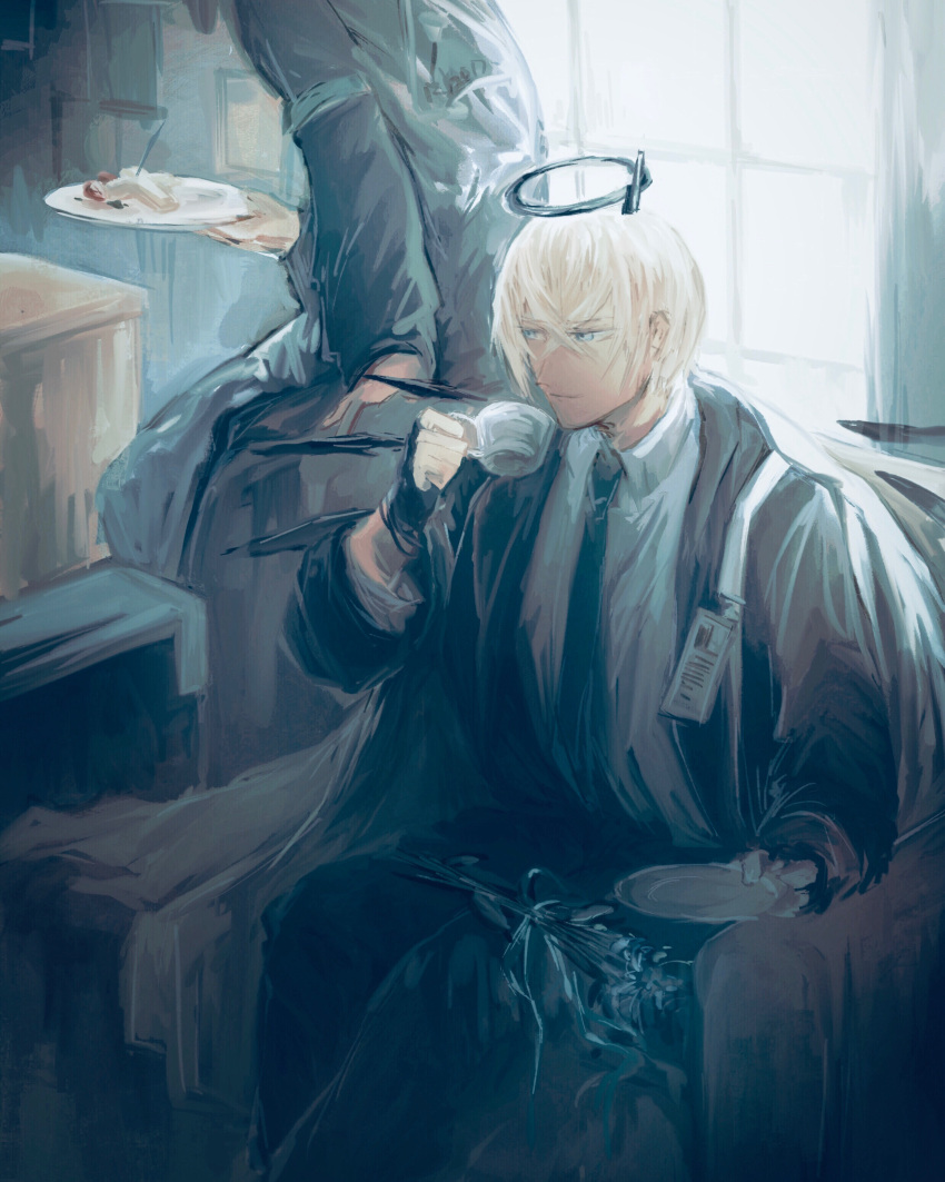 absurdres, arknights, black_gloves, black_neckwear, blonde_hair, blue_eyes, cup, day