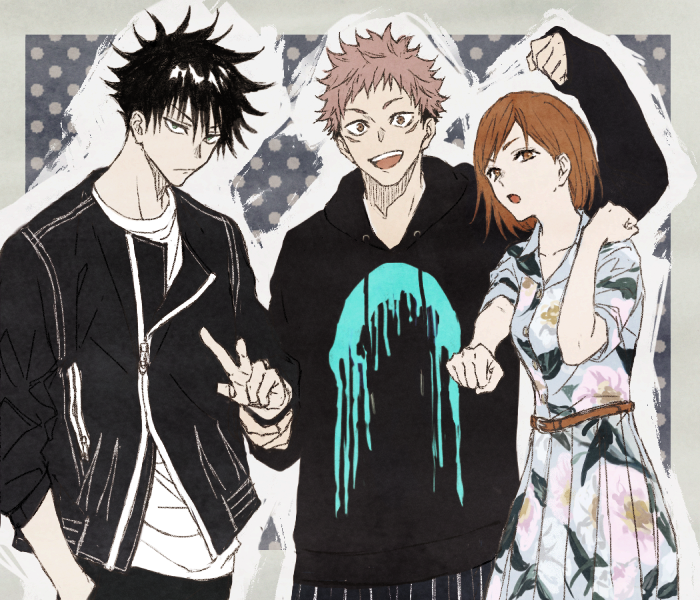 1girl, 2boys, :d, arm_up, bangs, belt, black_hair, black_hoodie