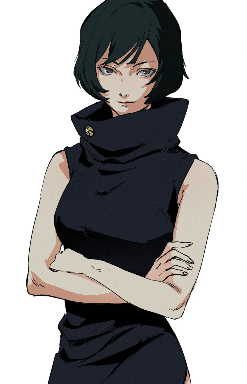 1girl, bare_shoulders, black_dress, black_eyes, black_hair, breasts, crossed_arms, dress, highres, jujutsu_kaisen, medium_breasts, roru_(lol_dessin), short_hair, smile, smirk, solo, zenin_mai