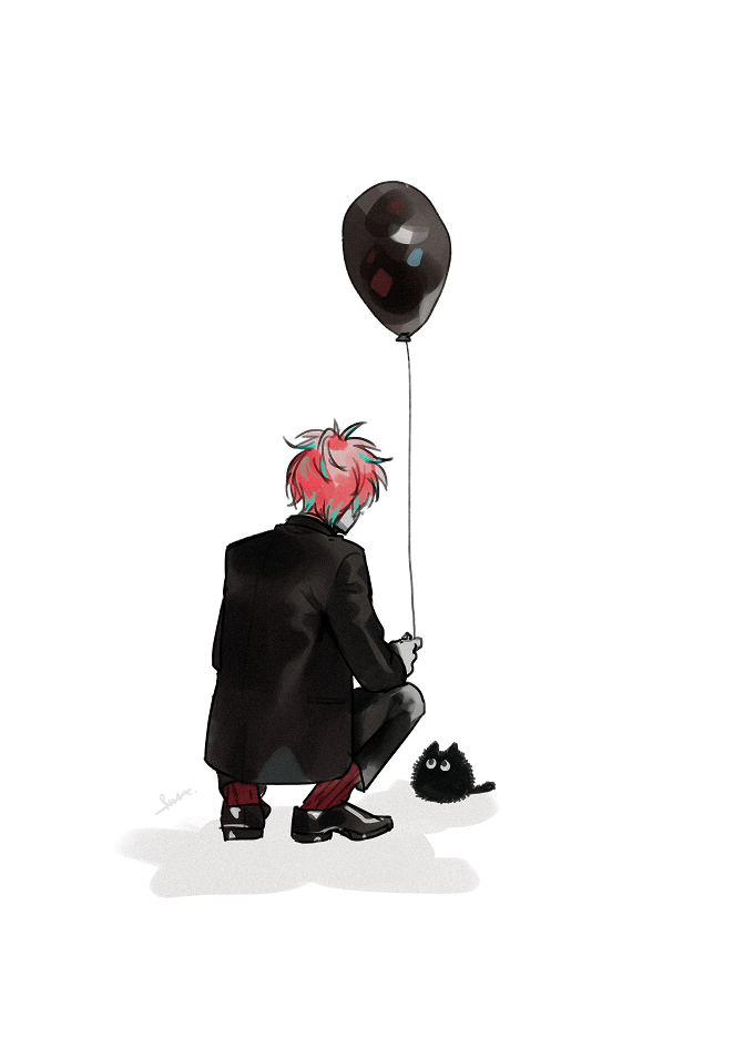1boy, animal, balloon, black_cat, black_footwear, black_jacket, black_pants, blue_hair