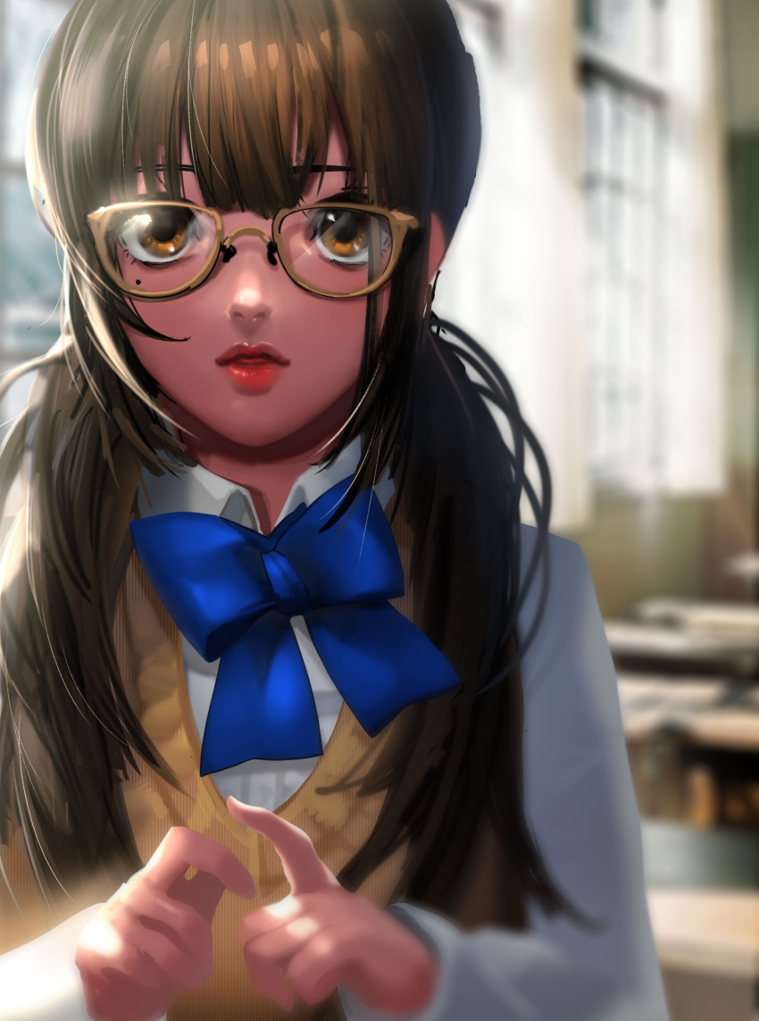 1girl, absurdres, blue_bow, blurry, blurry_background, bow, brown-framed_eyewear, brown_eyes