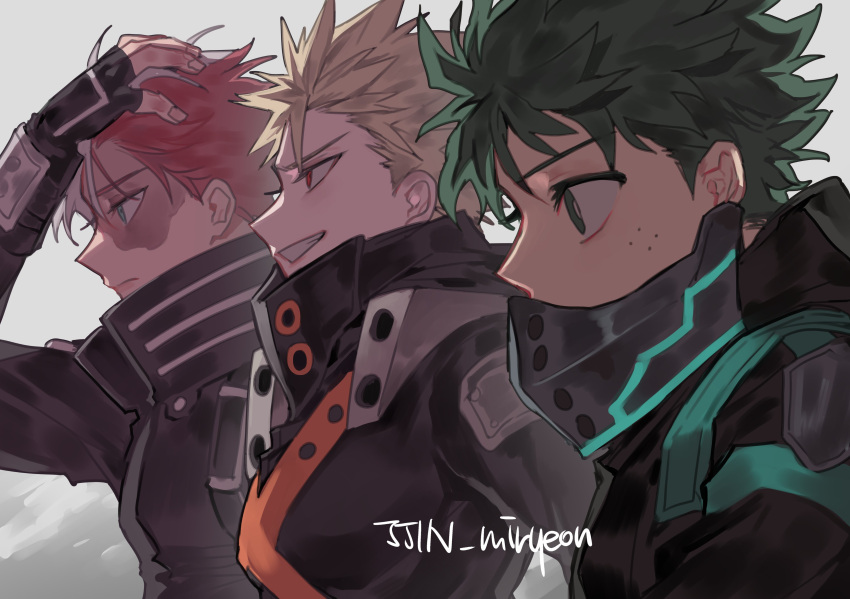 3boys, absurdres, arm_up, artist_name, bakugou_katsuki, black_shirt, blonde_hair, blue_eyes, boku_no_hero_academia, burn_scar, commentary_request, expressionless, freckles, from_side, green_eyes, green_hair, grin, hand_in_hair, hand_on_head, highres, male_focus, mask, midoriya_izuku, misa_(jjin_miryeon), mouth_mask, multicolored_hair, multiple_boys, official_alternate_costume, profile, red_eyes, redhead, scar, shirt, short_hair, smile, todoroki_shouto, two-tone_hair, white_hair