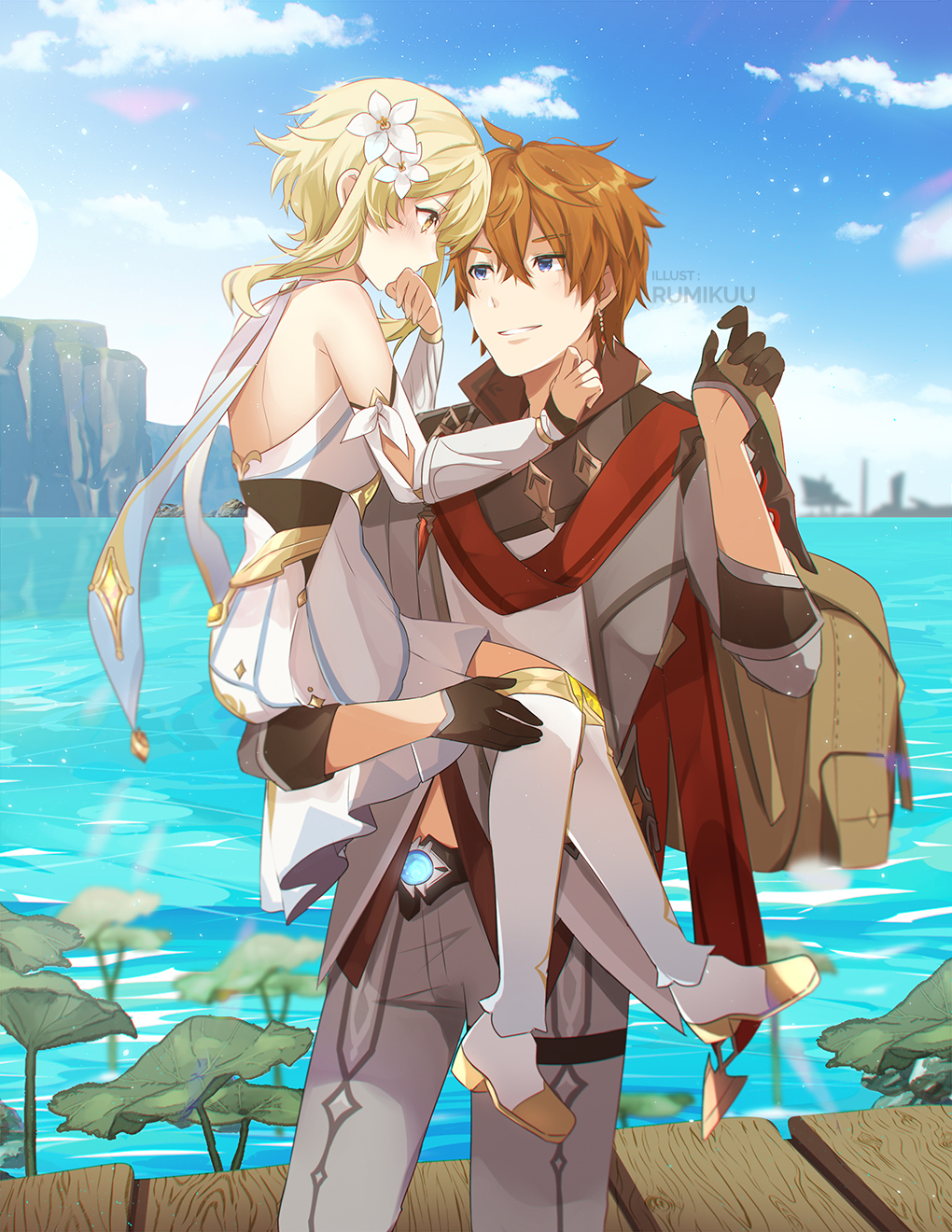 1boy, 1girl, blonde_hair, blue_eyes, carrying, childe_(genshin_impact), cloud, day