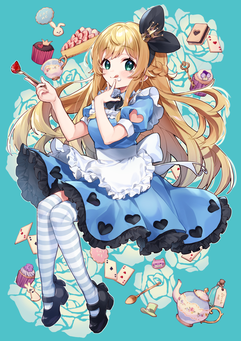 1girl, :q, ace_of_clubs, ace_of_hearts, alice_(wonderland), alice_in_wonderland, apron, bangs, black_footwear, black_ribbon, blonde_hair, blue_background, blue_dress, braid, breasts, card, closed_mouth, clothing_cutout, club, crown, cup, cupcake, dress, drink_me, eyebrows_visible_through_hair, floral_background, food, food_on_face, fork, frilled_apron, frills, fruit, full_body, green_eyes, hair_ribbon, hands_up, heart, heart_cutout, high_heels, holding, holding_fork, key, long_hair, medium_breasts, mini_crown, playing_card, puffy_short_sleeves, puffy_sleeves, ribbon, shoes, short_sleeves, smile, solo, spoon, strawberry, striped, striped_legwear, teapot, thigh-highs, tilted_headwear, tongue, tongue_out, very_long_hair, weapon, white_apron, yamabukiiro