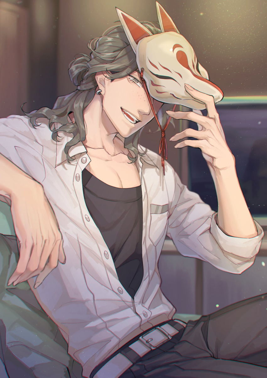 1boy, adjusting_mask, bangs, belt, black_shirt, character_request, club_suicide, collarbone