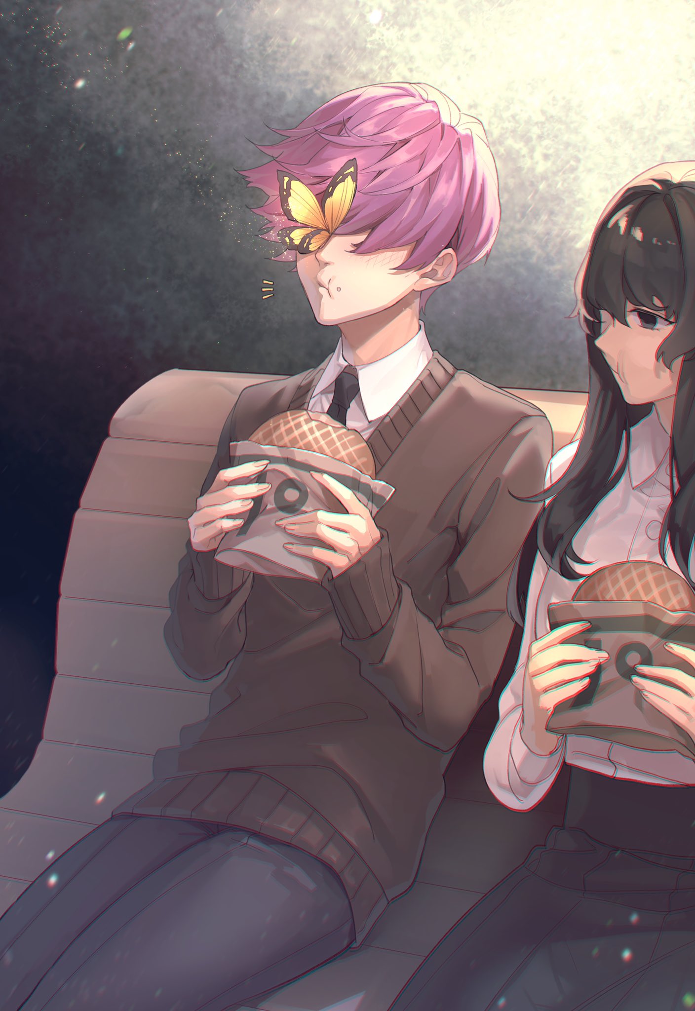 1boy, 1girl, bangs, bench, black_neckwear, black_pants, black_skirt, brown_eyes, brown_hair, brown_sweater, club_suicide, collared_shirt, commentary_request, eating, food, highres, holding, holding_food, long_hair, nanin, necktie, pants, pink_hair, pleated_skirt, shirt, short_hair, sitting, skirt, sleeves_past_wrists, sweater, white_shirt, yellow_butterfly