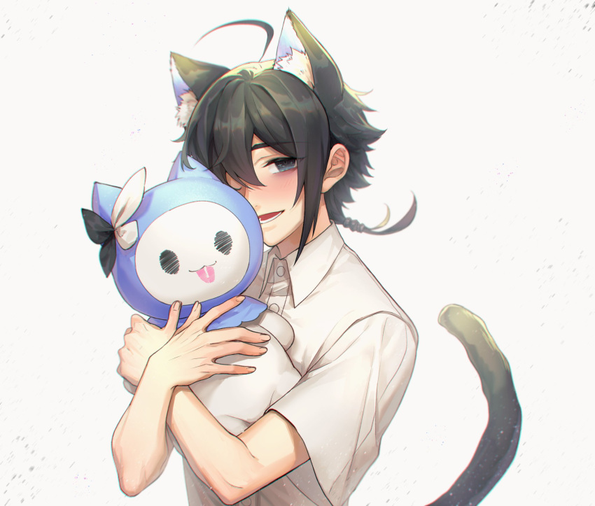 1boy, ahoge, animal_ear_fluff, animal_ears, bangs, black_eyes, black_ribbon, blush