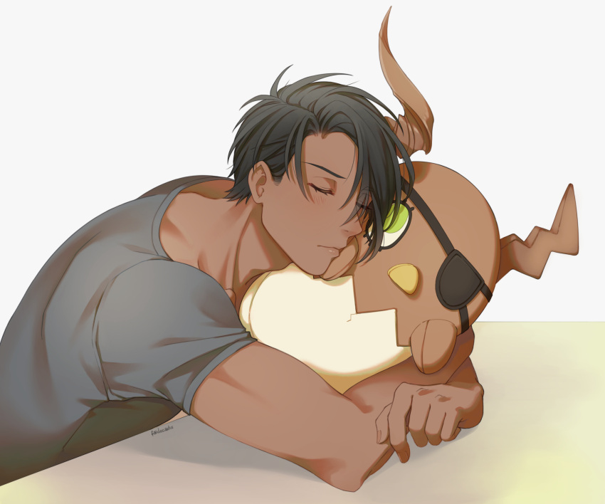 1boy, aragami_ouga, black_hair, dark_skin, dark_skinned_male, eyepatch, highres, holostars