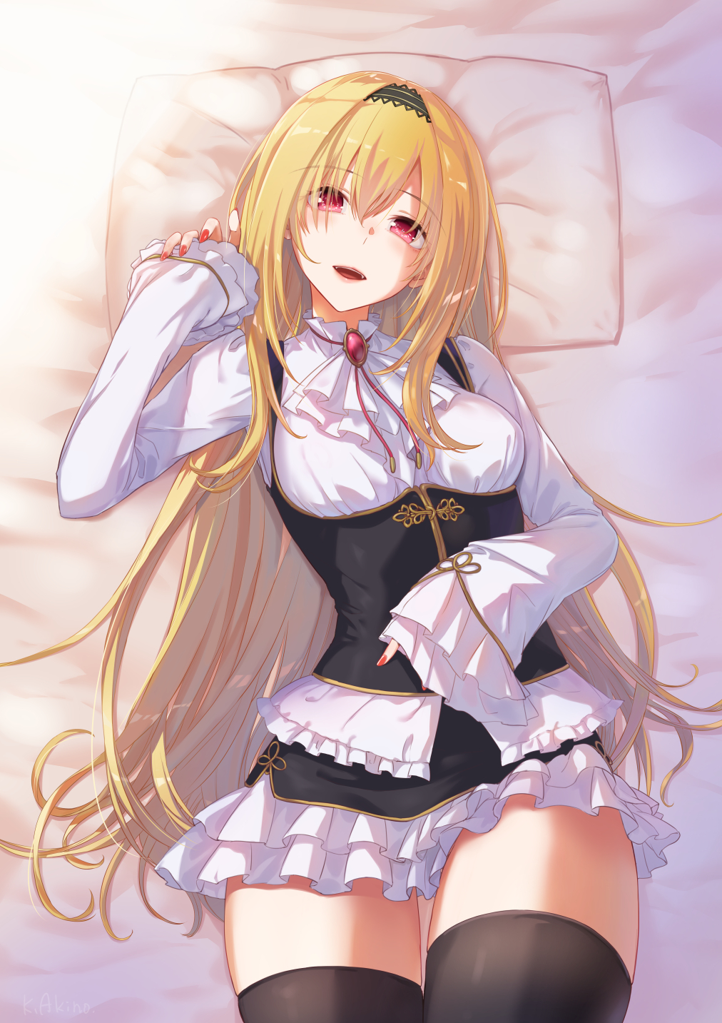 1girl, akino_komichi, ascot, bangs, bed_sheet, black_hairband, black_legwear, black_skirt, blonde_hair, breasts, brooch, commentary_request, cowboy_shot, eyebrows_visible_through_hair, fangs, fingernails, frilled_shirt, frilled_skirt, frilled_sleeves, frills, from_above, hair_between_eyes, hair_spread_out, hairband, hand_on_own_stomach, hand_up, highres, idolmaster, idolmaster_cinderella_girls, jewelry, kurosaki_chitose, layered_skirt, light_blush, long_fingernails, long_hair, long_sleeves, looking_at_viewer, lying, medium_breasts, miniskirt, nail_polish, on_back, open_mouth, pillow, pink_eyes, red_nails, shiny, shiny_hair, shirt, sidelocks, skirt, sleeves_past_fingers, sleeves_past_wrists, smile, solo, thigh-highs, thigh_gap, underbust, very_long_hair, white_neckwear, white_shirt, wide_sleeves, zettai_ryouiki