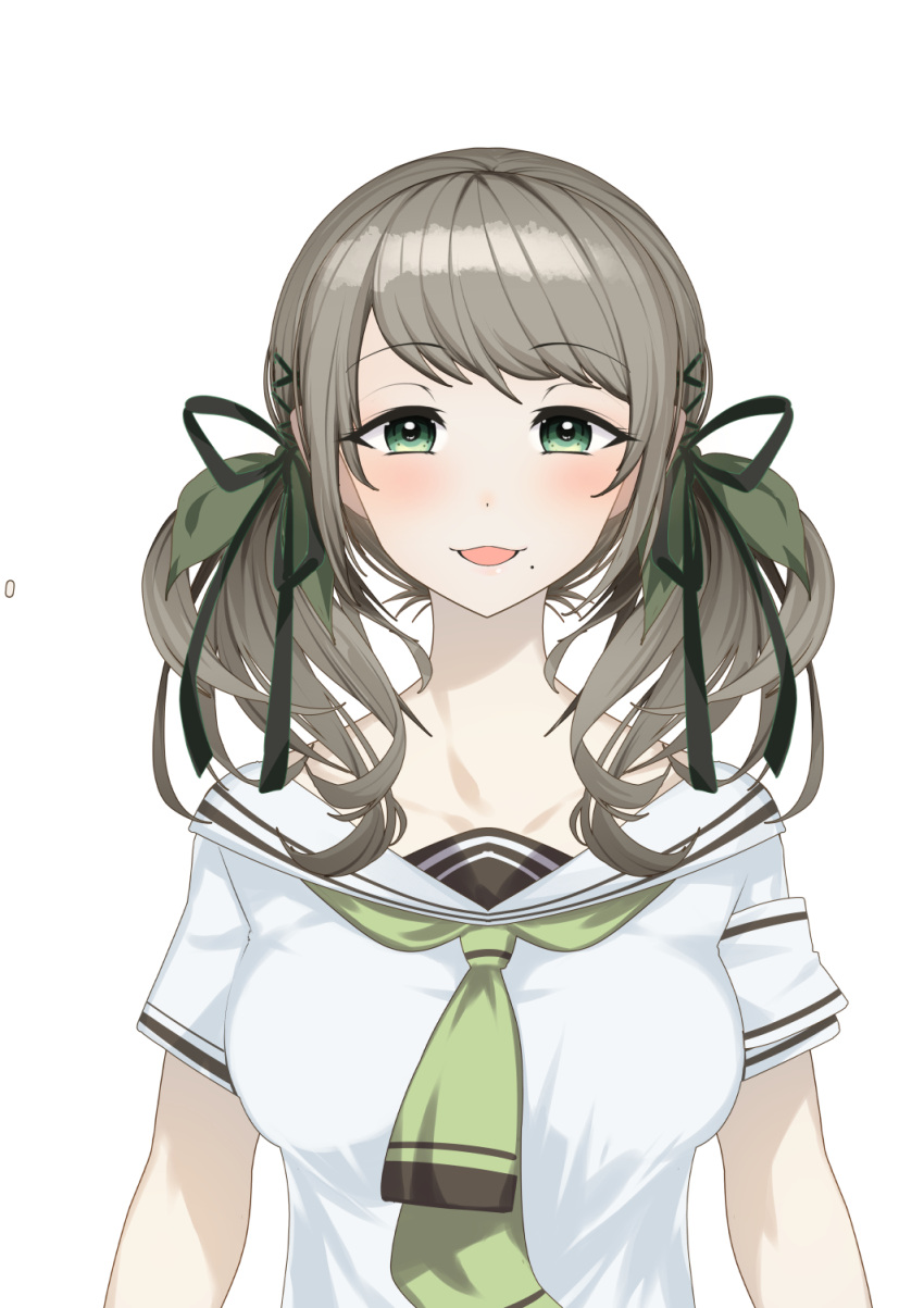 1girl, :3, bangs, blush, breasts, brown_hair, cluseller, collarbone