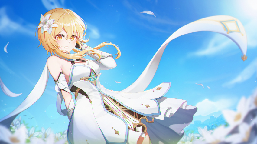 1girl, arm_at_side, arm_behind_back, bangs, bare_shoulders, blonde_hair, blue_sky, blurry_foreground