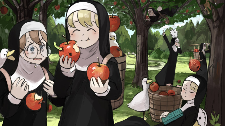6+girls, :t, ^_^, animal, animal_on_back, animal_on_head, apple, apple_tree