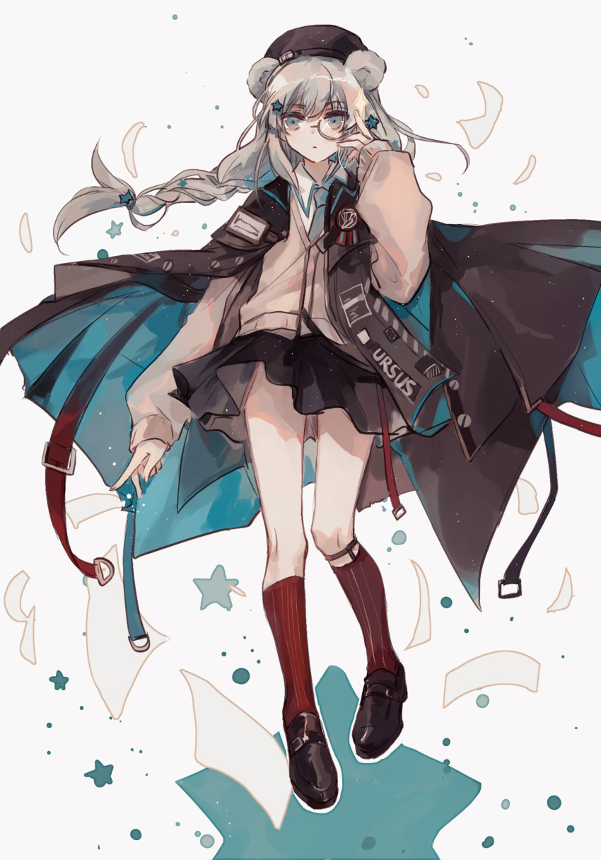 1girl, animal_ears, apple_da-ze, arknights, bear_ears, black_skirt, braid, brown_footwear