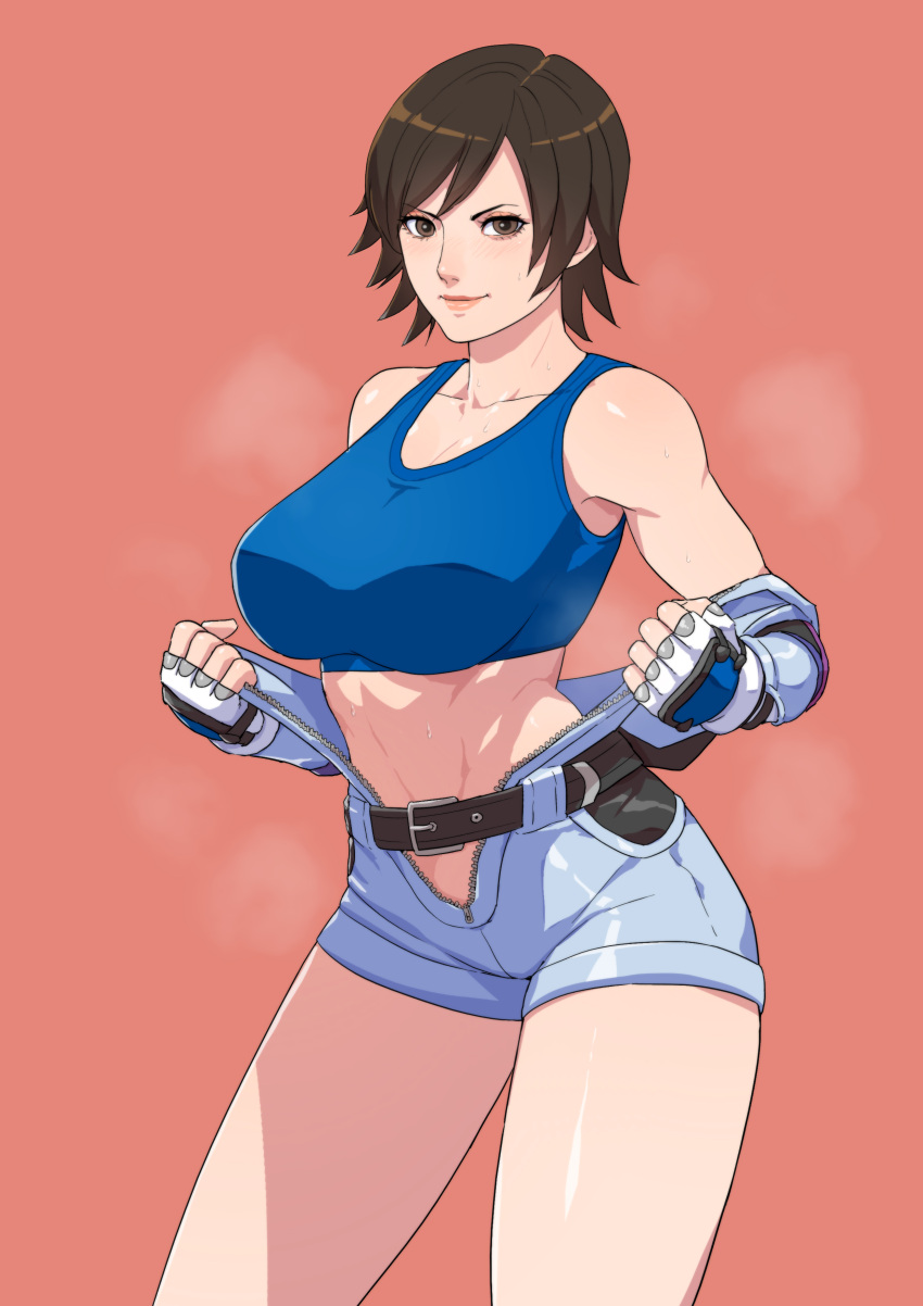 1girl, absurdres, belt, blue_sports_bra, breasts, brown_eyes, brown_hair, cirenk