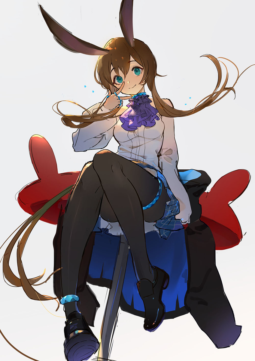 1girl, amiya_(arknights), animal_ears, ankle_strap, arknights, ascot, bangs, black_footwear, black_jacket, black_legwear, blue_eyes, blue_skirt, breasts, brown_hair, choker, closed_mouth, commentary_request, full_body, hair_between_eyes, highres, hood, hooded_jacket, jacket, jacket_removed, jewelry, long_hair, long_sleeves, looking_at_viewer, miniskirt, multiple_rings, neck_ring, pantyhose, plaid, plaid_skirt, pleated_skirt, ring, shoes, sidelocks, sitting, skirt, small_breasts, smile, solo, sta_starry, sweater, thumb_ring, very_long_hair, w, white_sweater