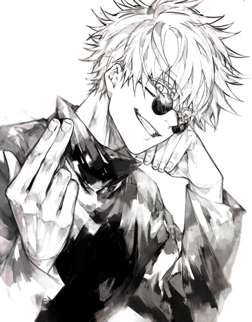 1boy, beckoning, fingernails, from_side, glasses, gojou_satoru, greyscale, grin, hand_up, highres, jujutsu_kaisen, long_sleeves, looking_at_viewer, looking_to_the_side, male_focus, monochrome, nail_polish, round_eyewear, shirt, simple_background, smile, solo, upper_body, waltz_(tram), white_background