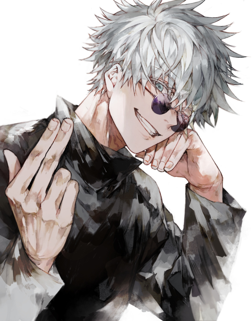 1boy, bangs, black_jacket, blue_eyes, chin_rest, gojou_satoru, grin, hair_between_eyes