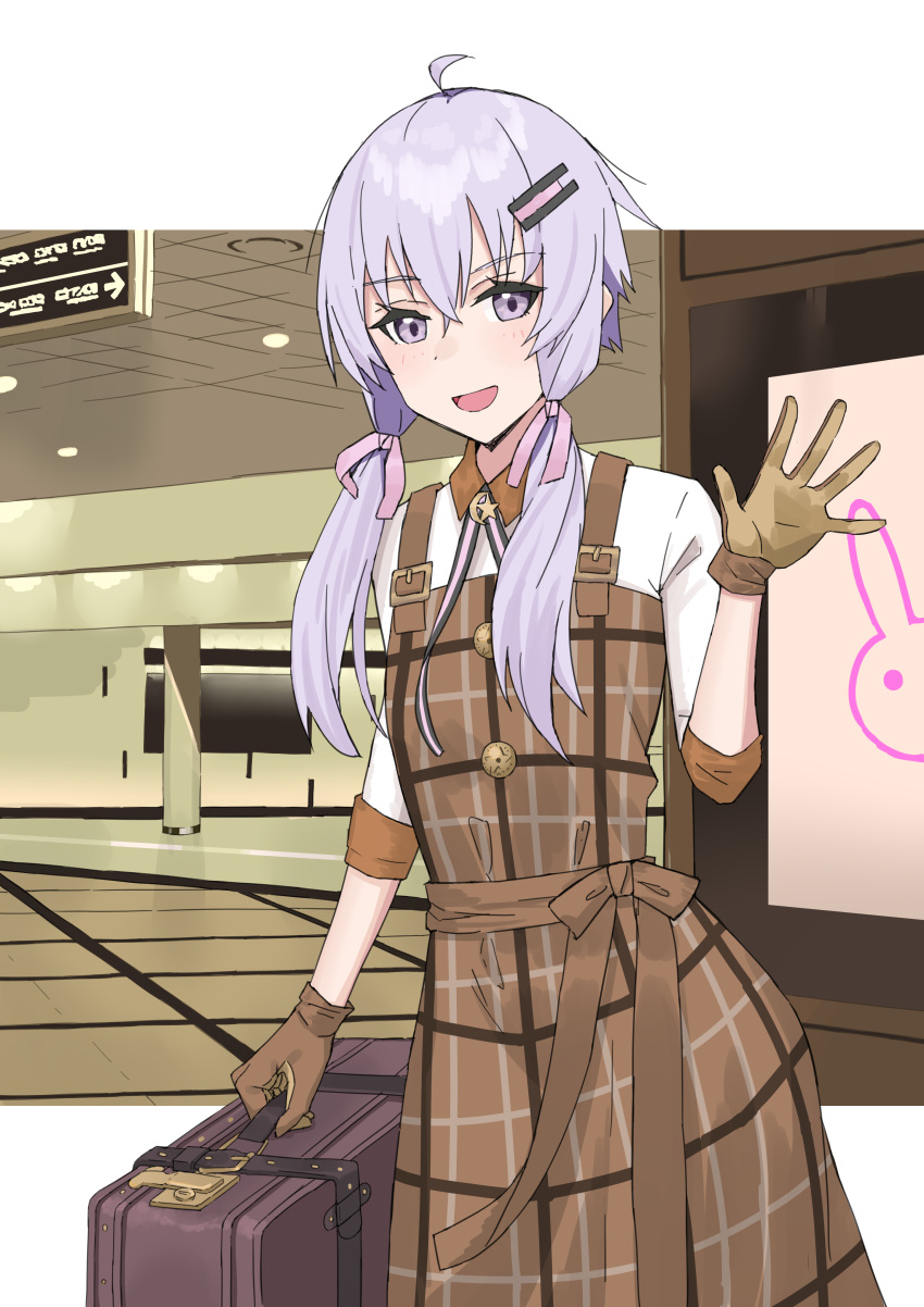 1girl, absurdres, ahoge, brown_dress, brown_gloves, commentary, cowboy_shot, dress