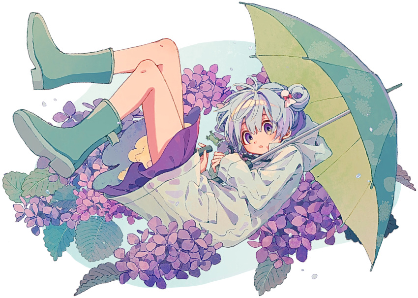 1girl, absurdres, blue_hair, boots, bow, flower, hair_bow, hair_bun