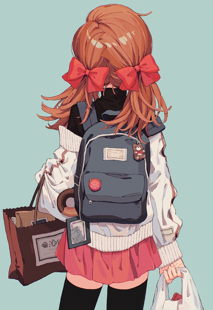 1girl, backpack, bag, black_legwear, black_shirt, bow, facing_away, green_background