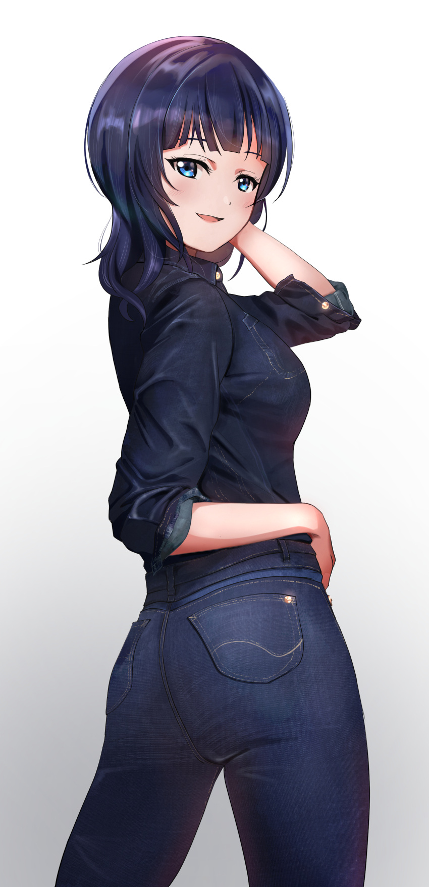 1girl, :d, absurdres, asaka_karin, bangs, black_hair, black_shirt, blue_eyes