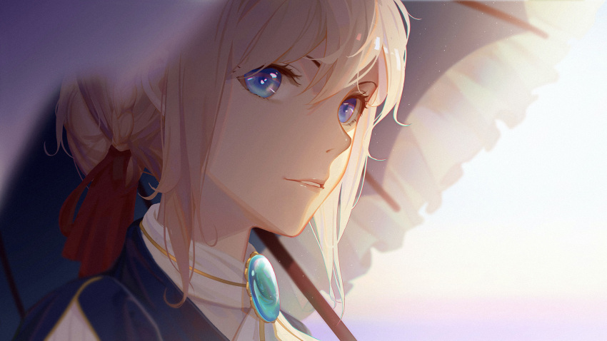 1girl, bangs, blonde_hair, blue_eyes, braid, braided_bun, hair_between_eyes, hair_ribbon, highres, holding, holding_umbrella, j_fang, parted_lips, ponytail, red_ribbon, ribbon, short_hair, solo, tied_hair, umbrella, violet_evergarden, violet_evergarden_(character)