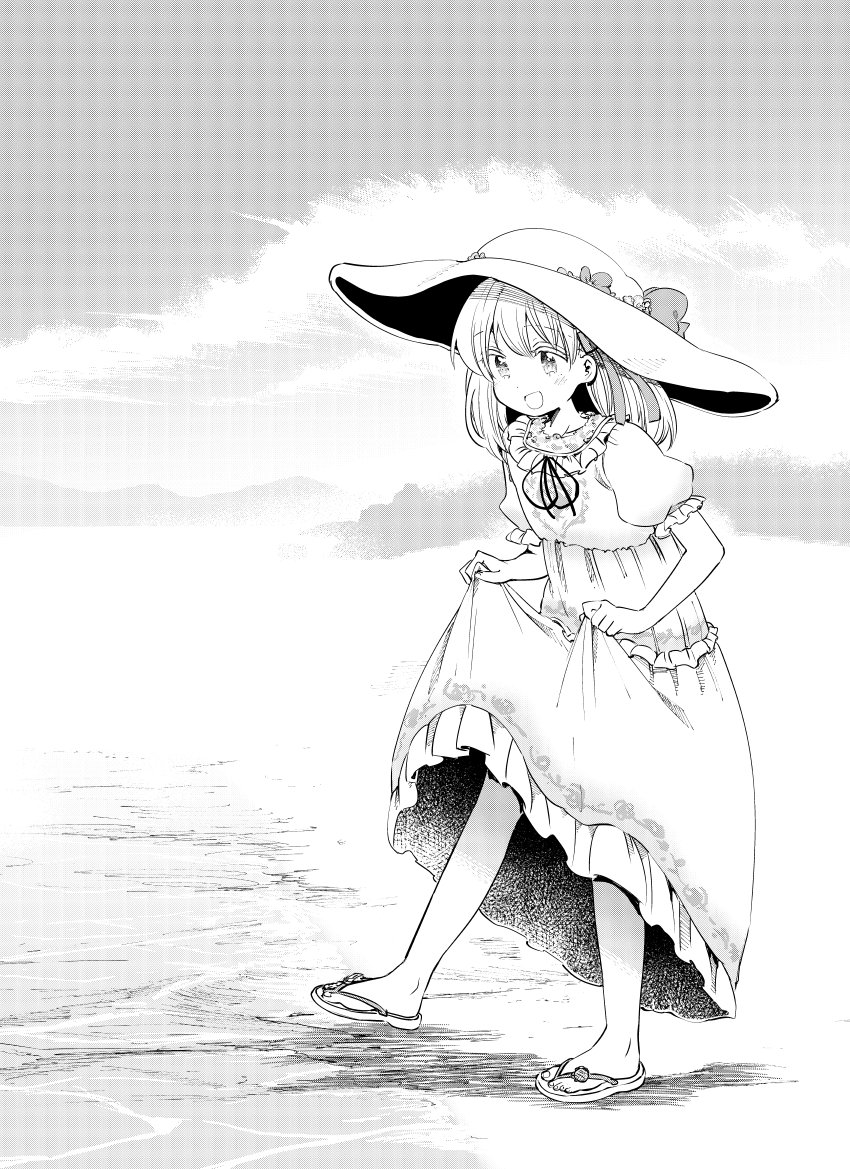 1girl, :d, beach, blush, bow, dress, hair_bow, hat