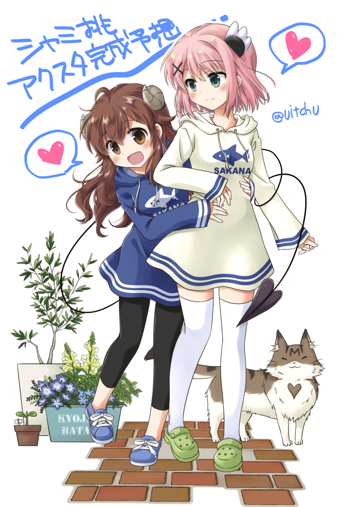 2girls, ahoge, blush, brick_floor, brown_eyes, brown_hair, casual, chiyoda_momo