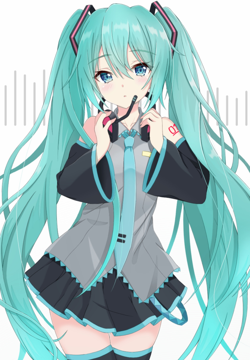 aqua_eyes, aqua_hair, aqua_neckwear, bare_shoulders, black_legwear, black_skirt, black_sleeves, commentary