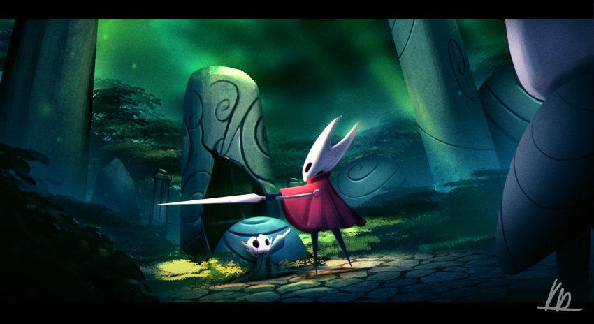 00kaiser, 2others, cape, cracked_mask, grass, highres, hollow_knight, hornet_(hollow_knight)