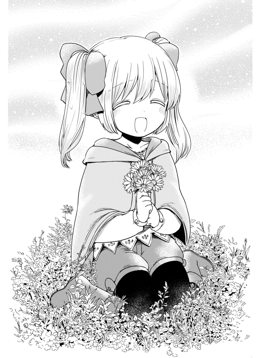 1girl, :d, blush, boots, bow, cloak, closed_eyes, daisy